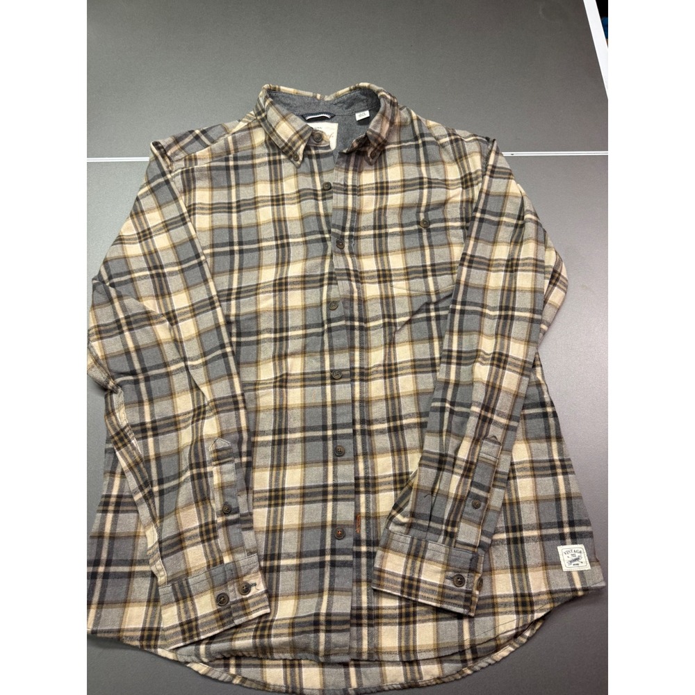 Weatherproof Vintage Mens Large Plaid Flannel Shirt Grey Tan Long Sleeve